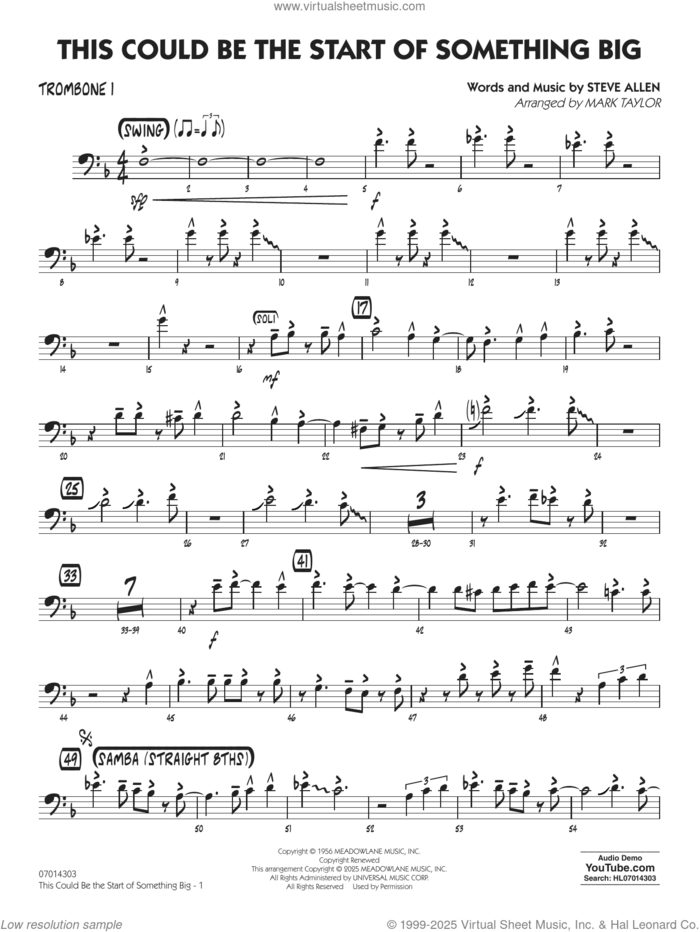 This Could Be The Start Of Something Big (arr. Mark Taylor) sheet music for jazz band (trombone 1) by Steve Allen and Mark Taylor, intermediate skill level