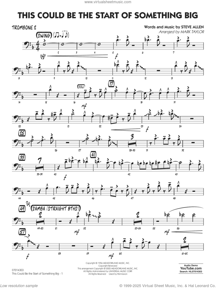 This Could Be The Start Of Something Big (arr. Mark Taylor) sheet music for jazz band (trombone 2) by Steve Allen and Mark Taylor, intermediate skill level