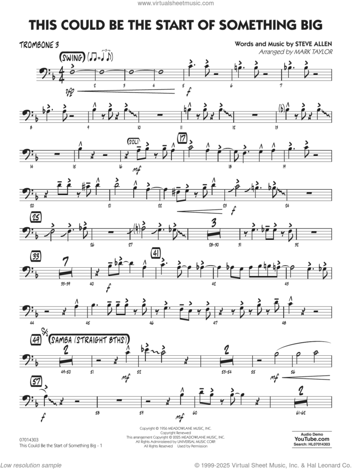 This Could Be The Start Of Something Big (arr. Mark Taylor) sheet music for jazz band (trombone 3) by Steve Allen and Mark Taylor, intermediate skill level