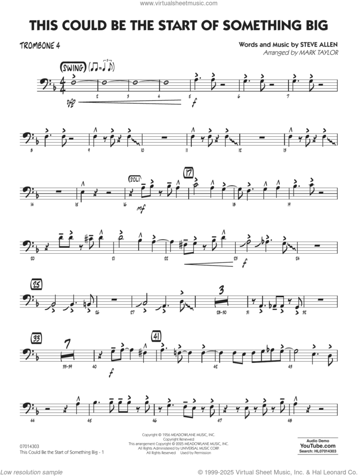 This Could Be The Start Of Something Big (arr. Mark Taylor) sheet music for jazz band (trombone 4) by Steve Allen and Mark Taylor, intermediate skill level