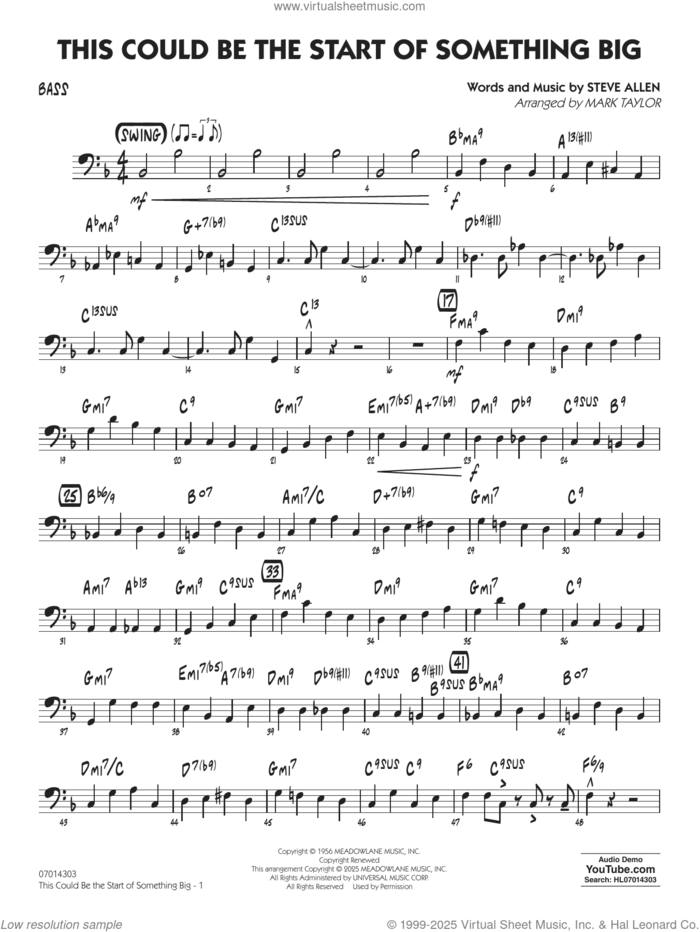 This Could Be The Start Of Something Big (arr. Mark Taylor) sheet music for jazz band (bass) by Steve Allen and Mark Taylor, intermediate skill level