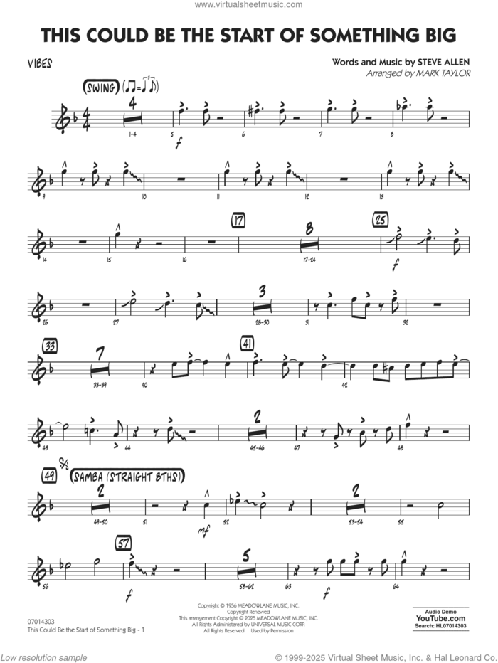 This Could Be The Start Of Something Big (arr. Mark Taylor) sheet music for jazz band (vibes) by Steve Allen and Mark Taylor, intermediate skill level