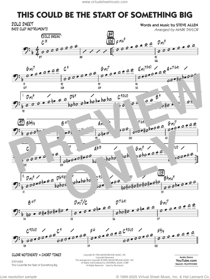 This Could Be The Start Of Something Big (arr. Mark Taylor) sheet music for jazz band (bass clef solo sheet) by Steve Allen and Mark Taylor, intermediate jazz band (bass clef sheet)