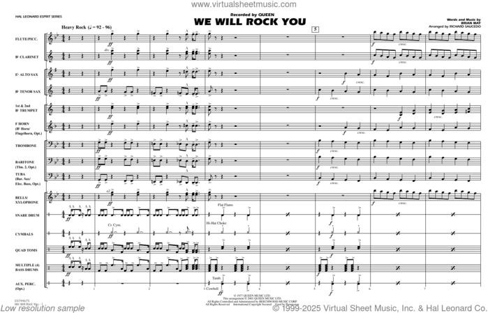 We Will Rock You (arr. Richard Saucedo) (COMPLETE) sheet music for marching band by Queen, Brian May and Richard L. Saucedo, intermediate skill level