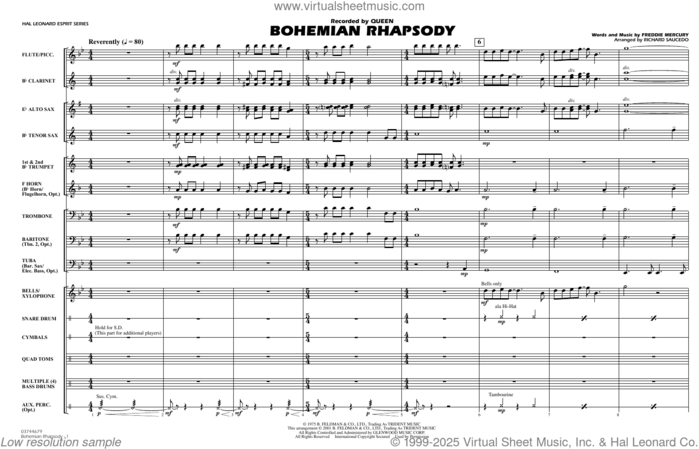 Bohemian Rhapsody (arr. Richard Saucedo) (COMPLETE) sheet music for marching band by Queen, Freddie Mercury and Richard L. Saucedo, intermediate skill level