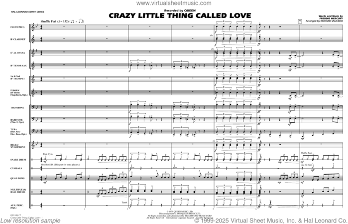 Crazy Little Thing Called Love (arr. Richard Saucedo) (COMPLETE) sheet music for marching band by Queen, Freddie Mercury and Richard L. Saucedo, intermediate skill level