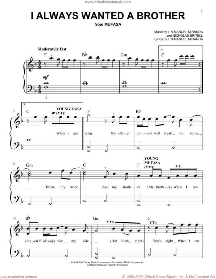 I Always Wanted A Brother (from Mufasa: The Lion King) sheet music for piano solo by Lin-Manuel Miranda, Lin-Manuel Miranda and Nicholas Britell and Nicholas Britell, easy skill level