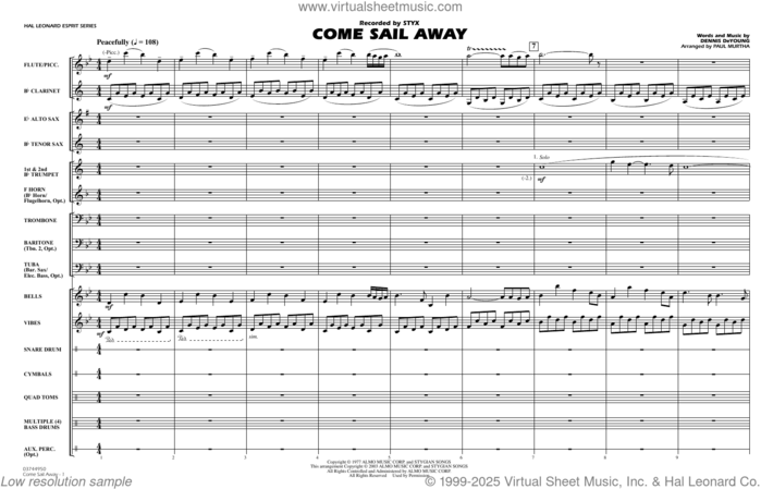 Come Sail Away (arr. Paul Murtha) (COMPLETE) sheet music for marching band by Paul Murtha, Dennis DeYoung and Styx, intermediate skill level