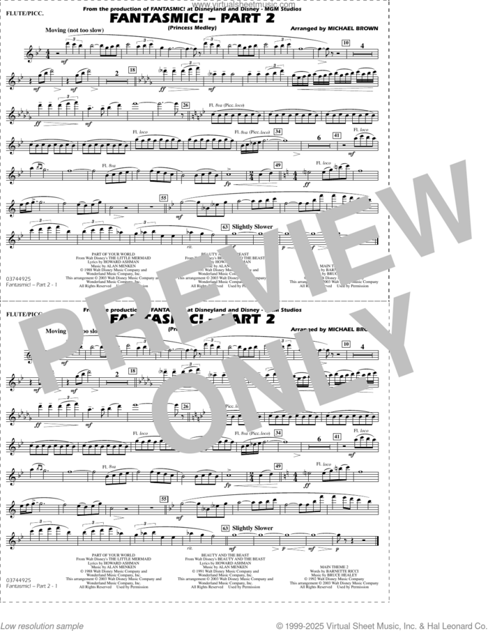 Fantasmic!, part 2 (princess medley) sheet music for marching band (flute/piccolo) by Michael Brown, intermediate skill level