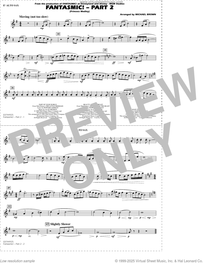 Fantasmic!, part 2 (princess medley) sheet music for marching band (Eb alto sax) by Michael Brown, intermediate skill level