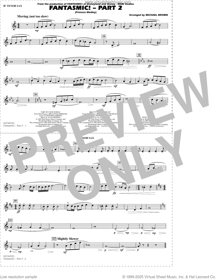 Fantasmic!, part 2 (princess medley) sheet music for marching band (Bb tenor sax) by Michael Brown, intermediate skill level