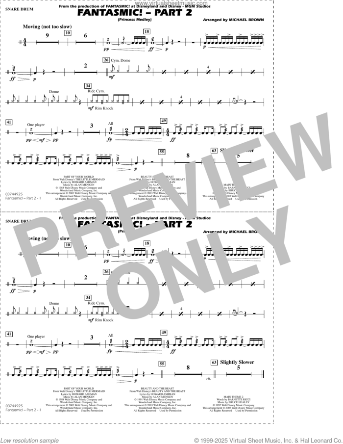 Fantasmic!, part 2 (princess medley) sheet music for marching band (snare drum) by Michael Brown, intermediate skill level