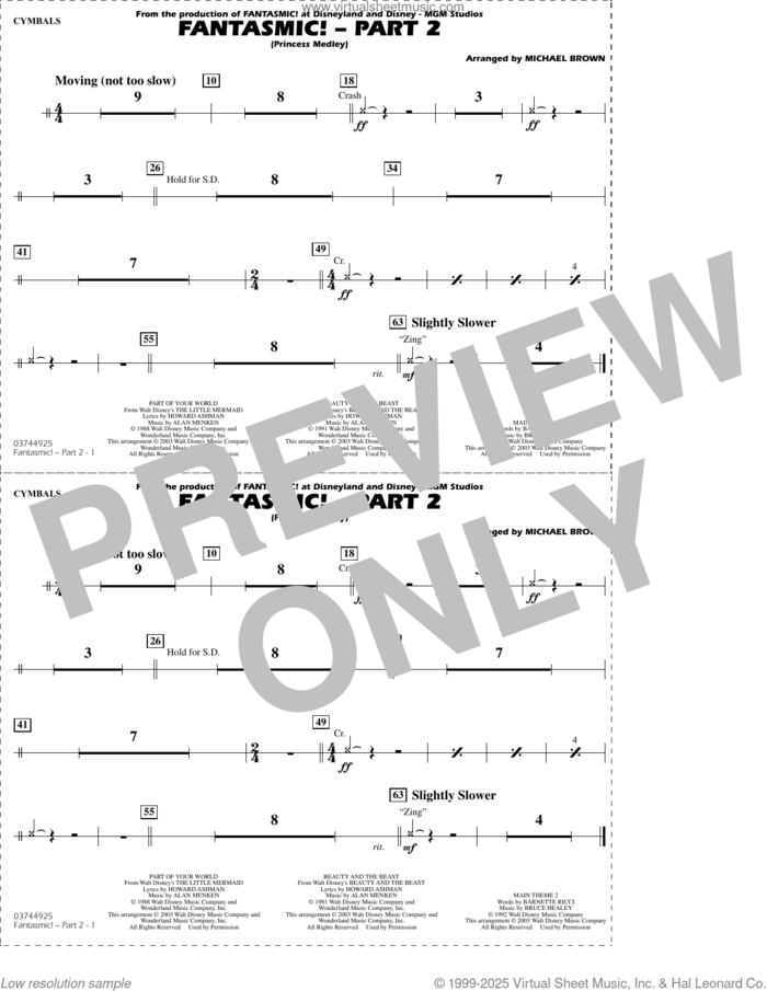 Fantasmic!, part 2 (princess medley) sheet music for marching band (cymbals) by Michael Brown, intermediate skill level