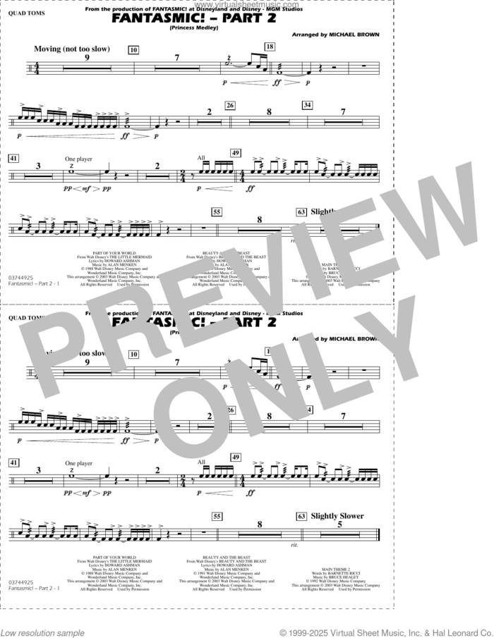 Fantasmic!, part 2 (princess medley) sheet music for marching band (quad toms) by Michael Brown, intermediate skill level