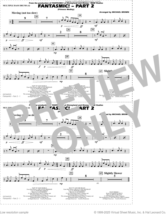 Fantasmic!, part 2 (princess medley) sheet music for marching band (multiple bass drums) by Michael Brown, intermediate skill level