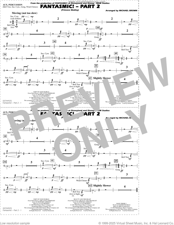 Fantasmic!, part 2 (princess medley) sheet music for marching band (aux percussion) by Michael Brown, intermediate skill level