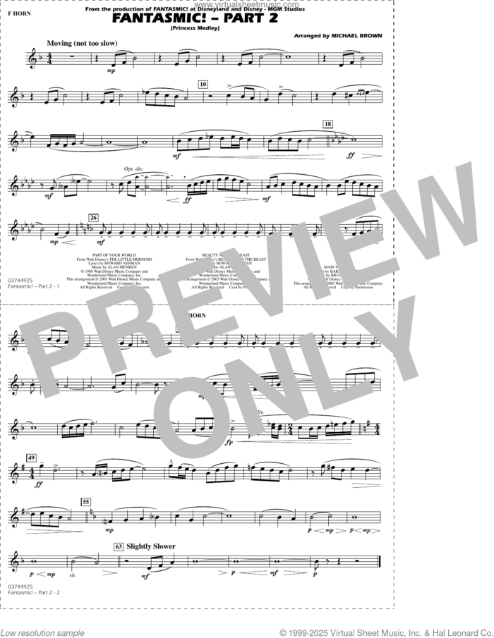 Fantasmic!, part 2 (princess medley) sheet music for marching band (f horn) by Michael Brown, intermediate skill level