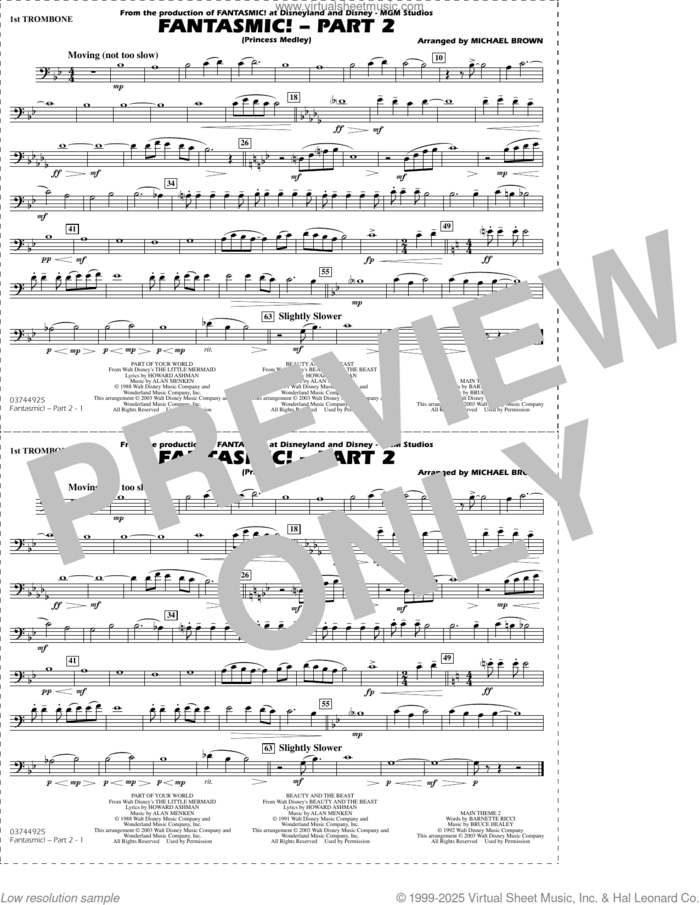 Fantasmic!, part 2 (princess medley) sheet music for marching band (1st trombone) by Michael Brown, intermediate skill level