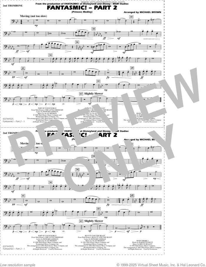 Fantasmic!, part 2 (princess medley) sheet music for marching band (2nd trombone) by Michael Brown, intermediate skill level