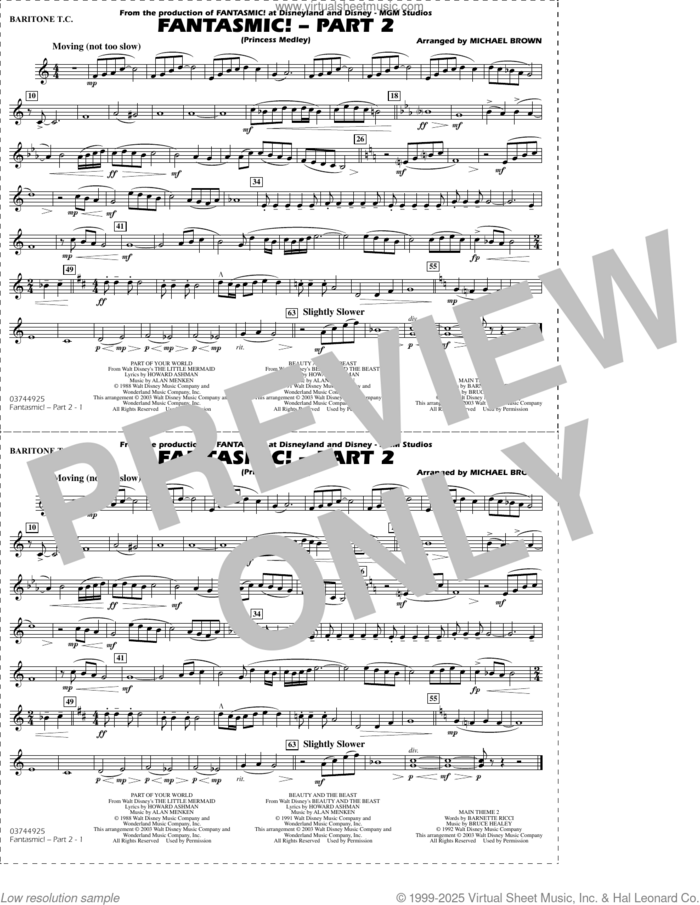 Fantasmic!, part 2 (princess medley) sheet music for marching band (baritone t.c.) by Michael Brown, intermediate skill level