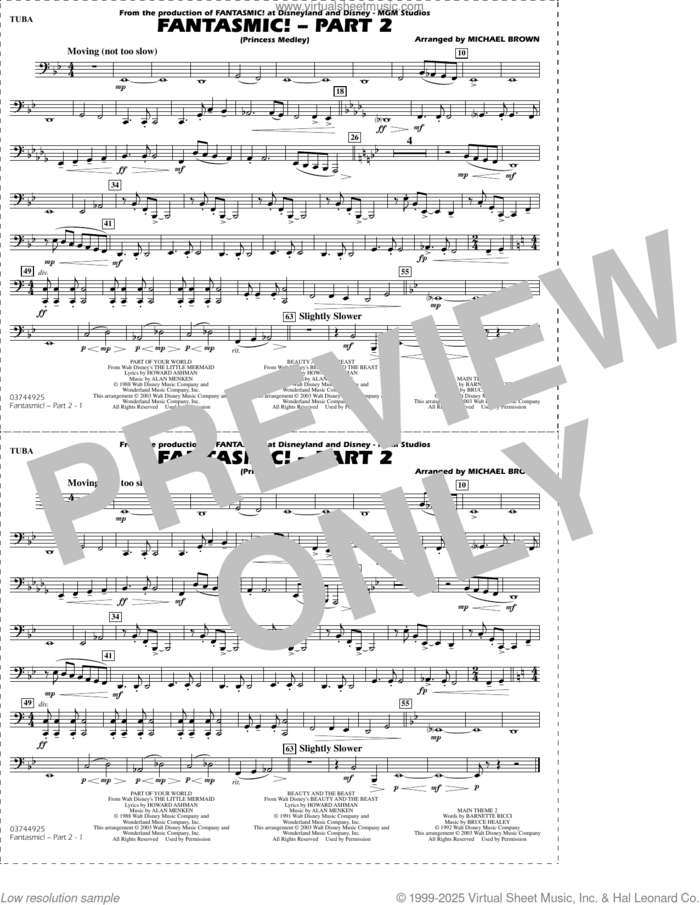 Fantasmic!, part 2 (princess medley) sheet music for marching band (tuba) by Michael Brown, intermediate skill level