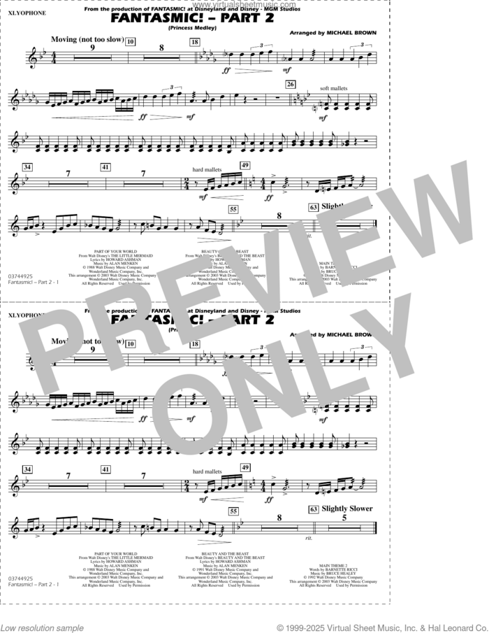 Fantasmic!, part 2 (princess medley) sheet music for marching band (xylophone) by Michael Brown, intermediate skill level