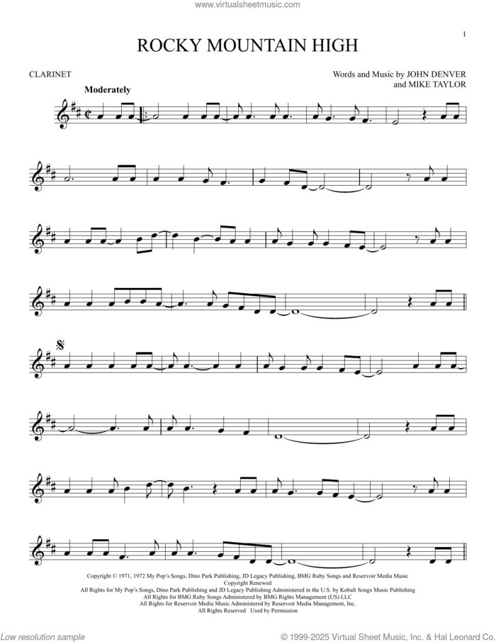 Rocky Mountain High sheet music for clarinet solo by John Denver and Mike Taylor, intermediate skill level