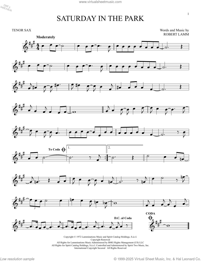 Saturday In The Park sheet music for tenor saxophone solo by Chicago and Robert Lamm, intermediate skill level