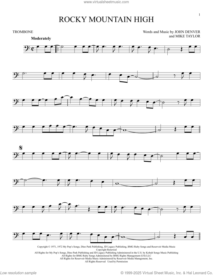 Rocky Mountain High sheet music for trombone solo by John Denver and Mike Taylor, intermediate skill level