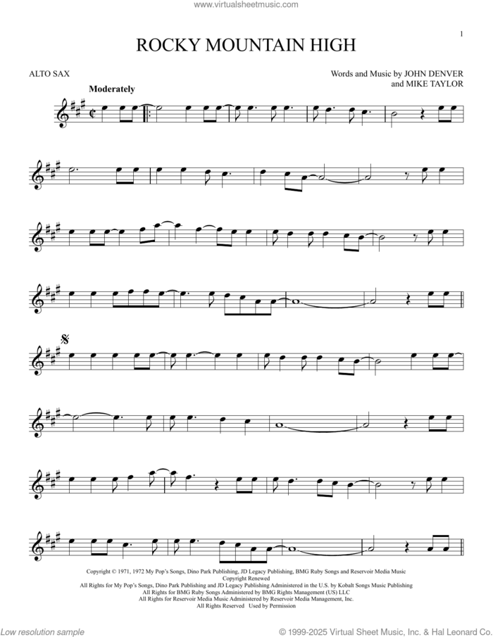 Rocky Mountain High sheet music for alto saxophone solo by John Denver and Mike Taylor, intermediate skill level