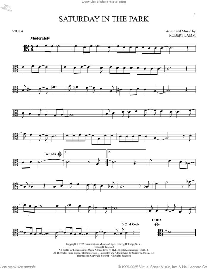 Saturday In The Park sheet music for viola solo by Chicago and Robert Lamm, intermediate skill level