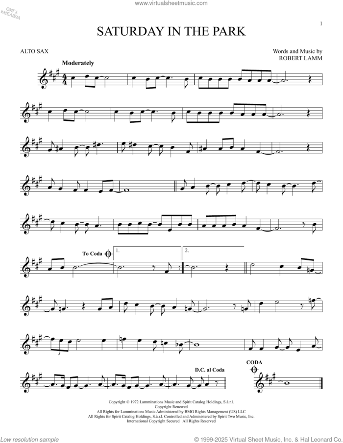 Saturday In The Park sheet music for alto saxophone solo by Chicago and Robert Lamm, intermediate skill level