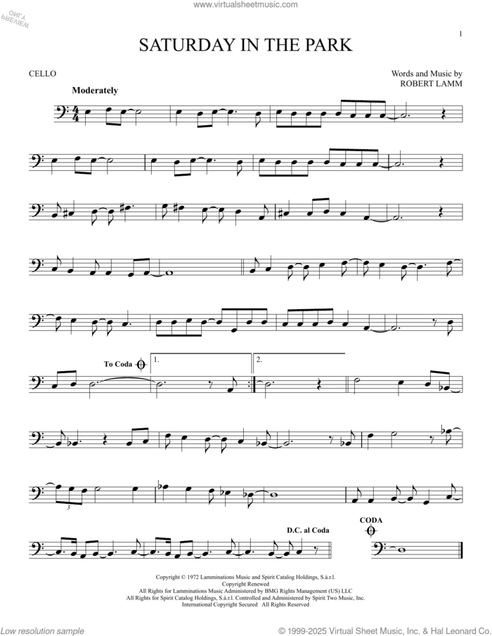 Saturday In The Park sheet music for cello solo by Chicago and Robert Lamm, intermediate skill level