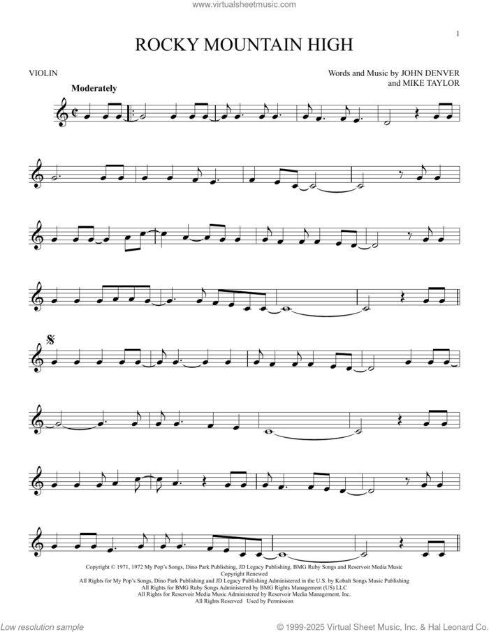 Rocky Mountain High sheet music for violin solo by John Denver and Mike Taylor, intermediate skill level