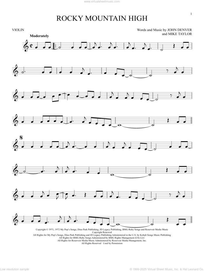 Rocky Mountain High sheet music for violin solo by John Denver and Mike Taylor, intermediate skill level
