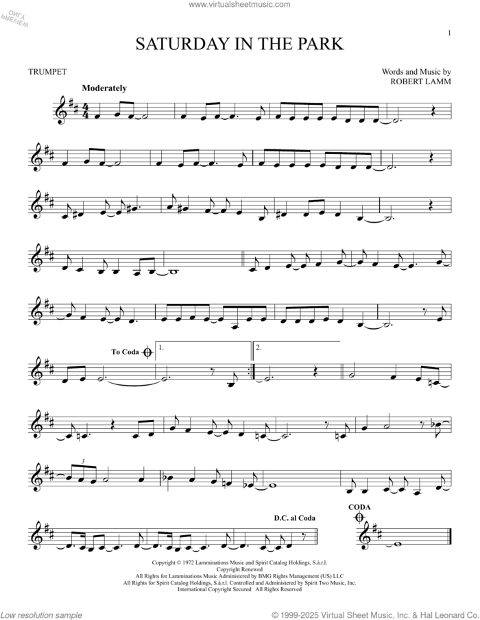 Saturday In The Park sheet music for trumpet solo by Chicago and Robert Lamm, intermediate skill level