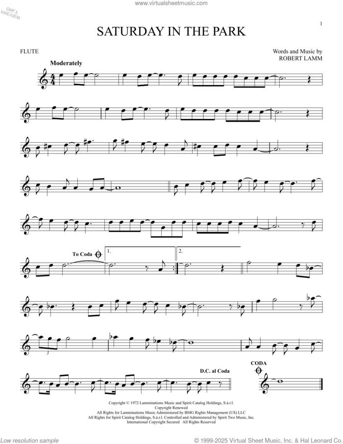 Saturday In The Park sheet music for flute solo by Chicago and Robert Lamm, intermediate skill level