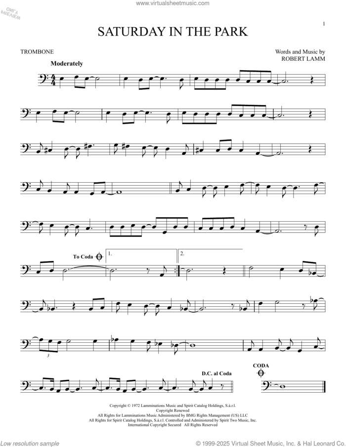 Saturday In The Park sheet music for trombone solo by Chicago and Robert Lamm, intermediate skill level