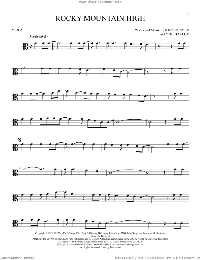 Rocky Mountain High sheet music for viola solo by John Denver and Mike Taylor, intermediate skill level