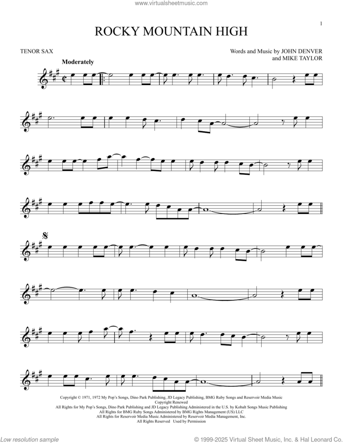 Rocky Mountain High sheet music for tenor saxophone solo by John Denver and Mike Taylor, intermediate skill level