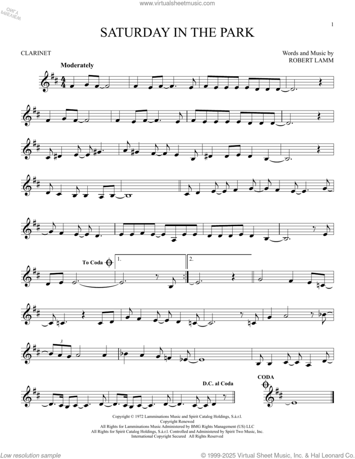 Saturday In The Park sheet music for clarinet solo by Chicago and Robert Lamm, intermediate skill level