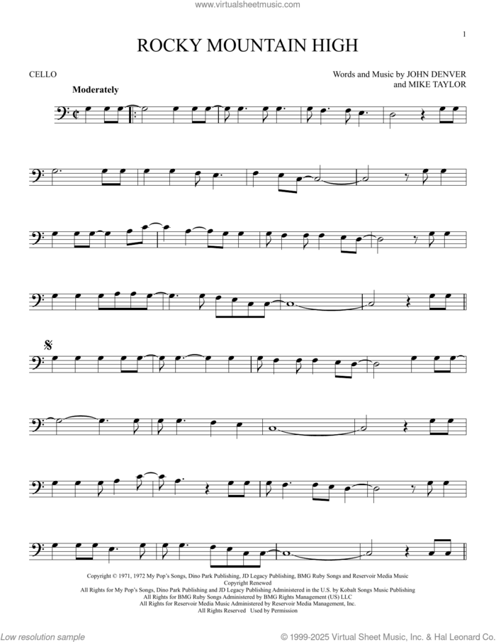 Rocky Mountain High sheet music for cello solo by John Denver and Mike Taylor, intermediate skill level