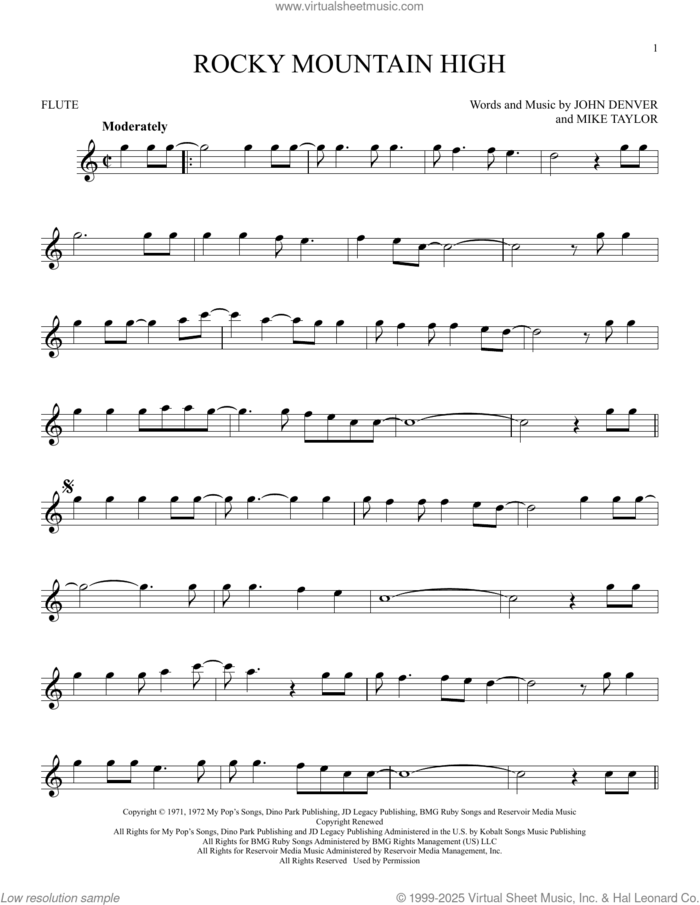 Rocky Mountain High sheet music for flute solo by John Denver and Mike Taylor, intermediate skill level