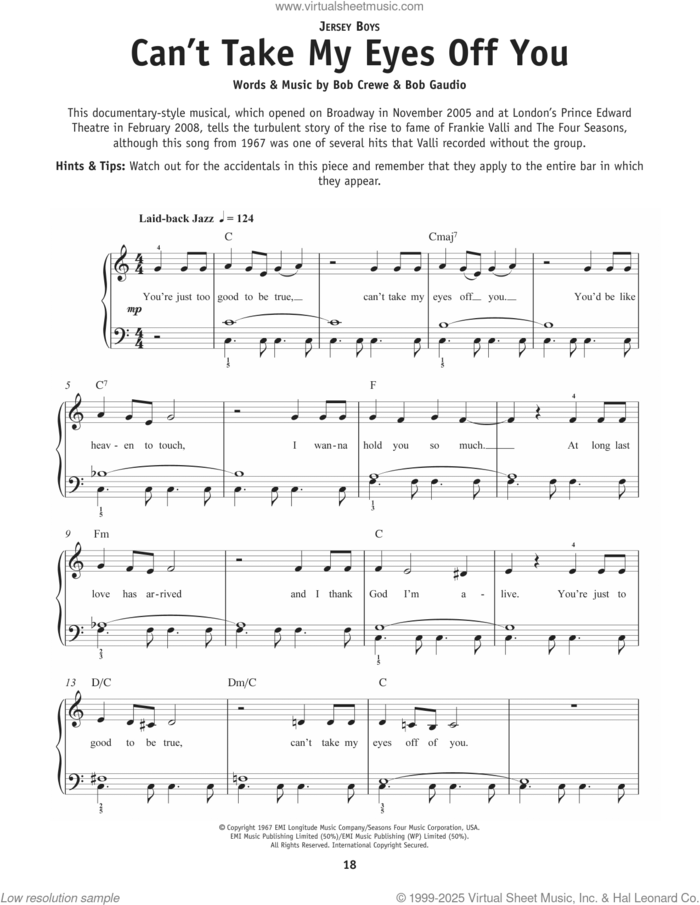 Can't Take My Eyes Off Of You sheet music for piano solo by Franki Valli & The Four Seasons, Bob Crewe and Bob Gaudio, beginner skill level