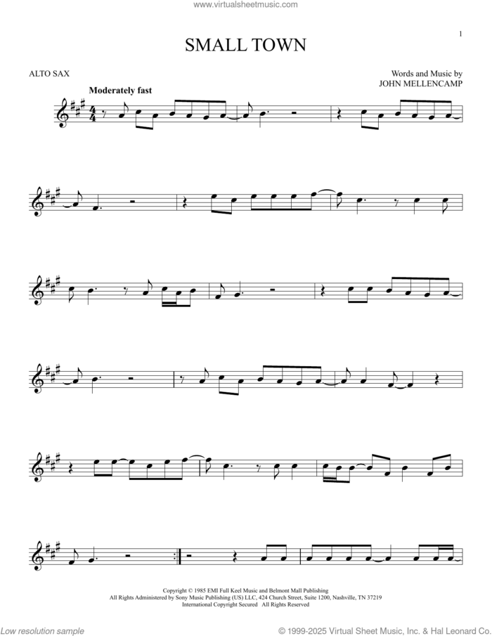 Small Town sheet music for alto saxophone solo by John Mellencamp, intermediate skill level