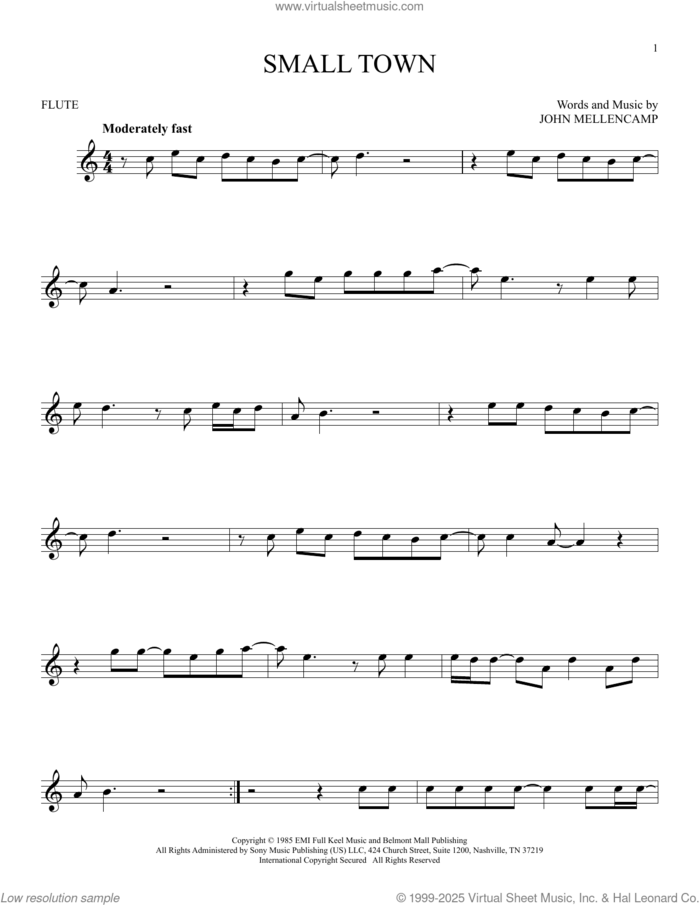 Small Town sheet music for flute solo by John Mellencamp, intermediate skill level