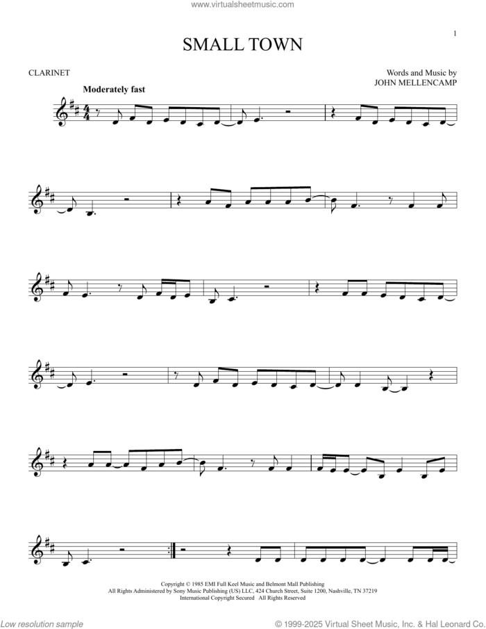 Small Town sheet music for clarinet solo by John Mellencamp, intermediate skill level