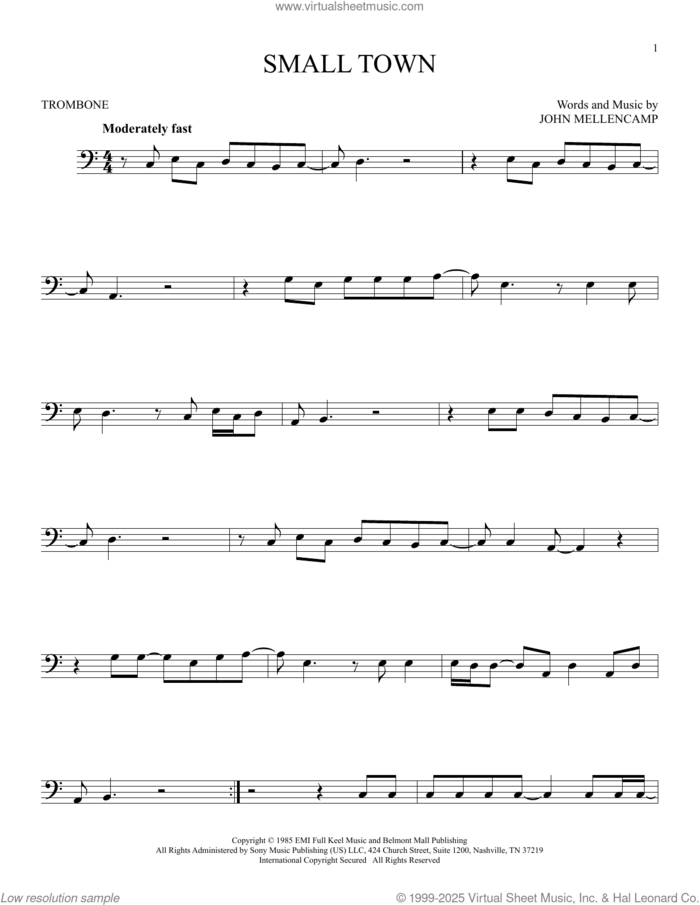 Small Town sheet music for trombone solo by John Mellencamp, intermediate skill level