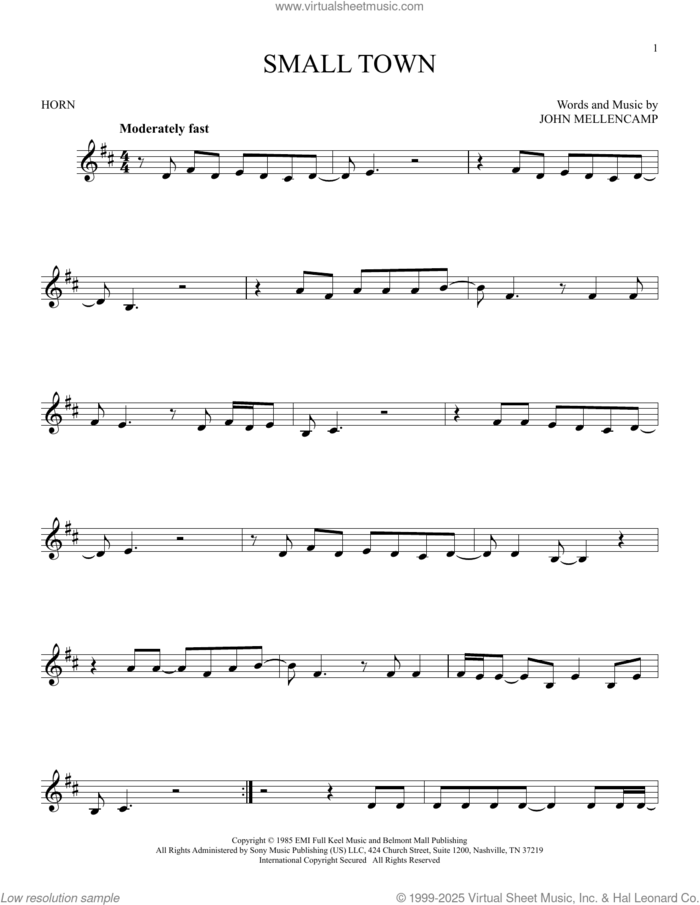 Small Town sheet music for horn solo by John Mellencamp, intermediate skill level