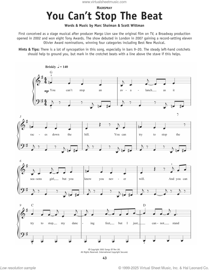 You Can't Stop The Beat (from Hairspray) sheet music for piano solo by Cast of Hairspray, Marc Shaiman and Scott Wittman, beginner skill level